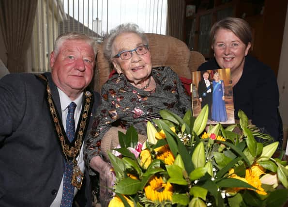 Mayor of Causeway Coast and Glens, Councillor Steven Callaghan and Mayoress Ruth Callaghan pictured with Rita Ody on her 100th birthday