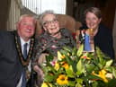 Mayor of Causeway Coast and Glens, Councillor Steven Callaghan and Mayoress Ruth Callaghan pictured with Rita Ody on her 100th birthday