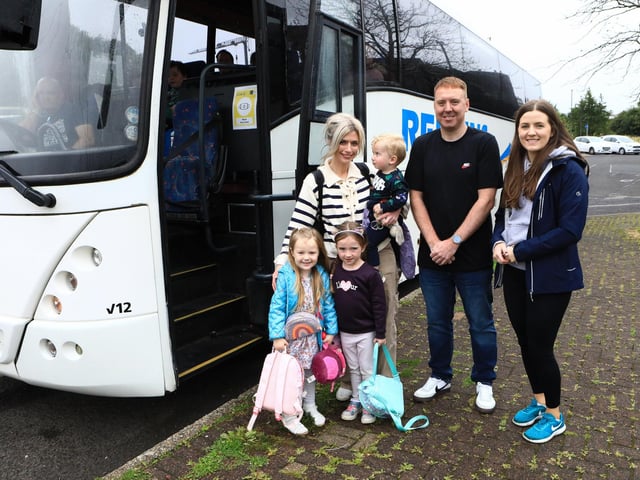 A community affair…Pictured at Ballymagroarty Hazelbank Community Partnership Bus Run to Tropical World in Letterkenny are, (middle) Andy Mullan, Housing Executive Good Relations Officer, West, (far right) Lauren Curran, Health Development worker, Ballymagroarty Hazelbank Community Partnership, Rachel Coyle and her children.