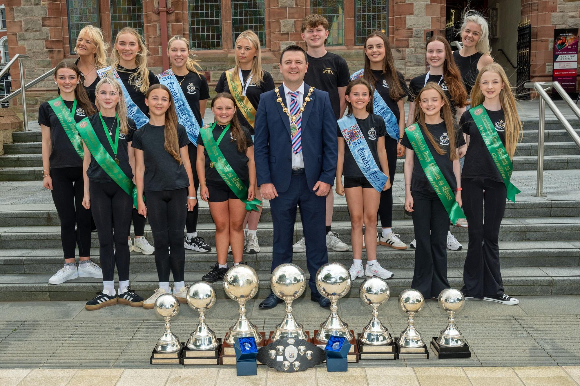 Derry City and Strabane District Council Mayor, Councillor Ruairí McHugh welcomed members of the McConomy-Bradley-Doherty Academy to the Guildhall as they celebrate their outstanding success at the recent World Championships in Dublin. Photos: Martin McKeown.