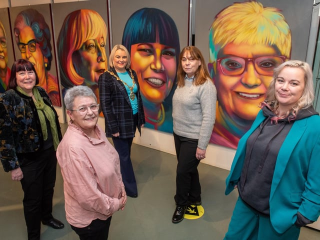 The Mayor Councillor Sandra Duffy pictured at the launch of Peace Heroines of Northern Ireland Exhibition at Derry City and Strabane District Council’s Tower Museum. The exhibition celebrates women who "wanted to create a better future" and is part of the Herstory programme which will tour various locations marking the 25th Anniversary of the Good Friday peace agreement. included are EileenWeir, Bronagh Hinds, Susan McCrory and teh artist FRIZ:.