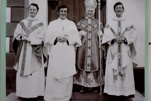 Fr Con McLaughlin, second from left, pictured at his Ordination to the Priest, by The Most Reverend Dr Neil Farren, Bishop of Derry, on June 10th 1973. Included in the photograph are ordinands Fr Paddy O’Kane and Fr Declan Boland.