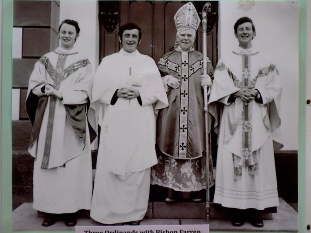 Fr Con McLaughlin, second from left, pictured at his Ordination to the Priest, by The Most Reverend Dr Neil Farren, Bishop of Derry, on June 10th 1973. Included in the photograph are ordinands Fr Paddy O’Kane and Fr Declan Boland.