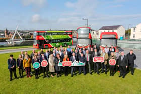 Key stakeholders pictured at the official launch of Translink's new zero emission bus fleet at Ebrington Square, Derry.