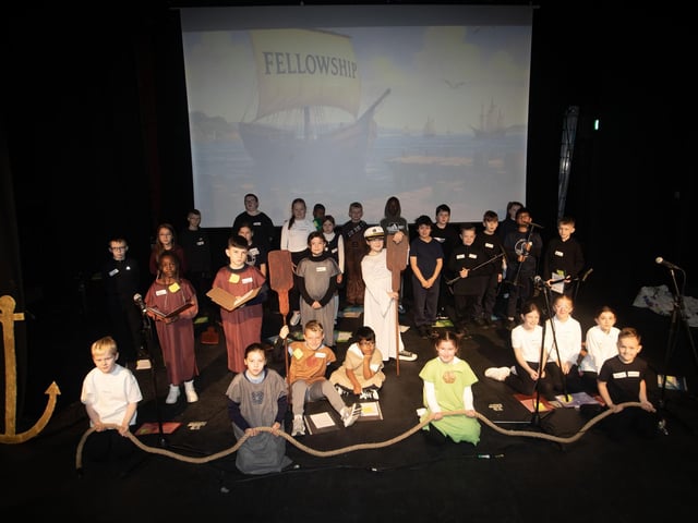FELLOWSHIP!. . . . .The cast of the Churches Trust's 'The Voyage of the Fellowship' made up of pupils from the Long Tower and Fountain PS pictured on stage at the Playhouse, Derry on Friday morning. (Photos: Jim McCafferty Photography) : .