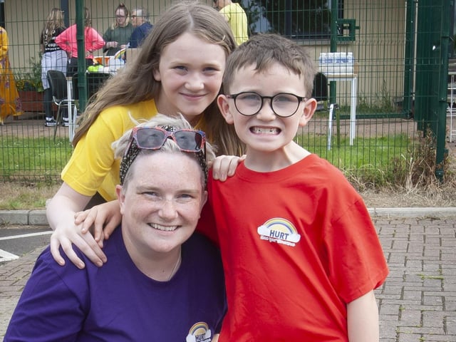 Mum Claire Lynch with Ciara Lee and Caoimhin and their dog ‘Pepper’ at Saturday’s Hurt Walk.