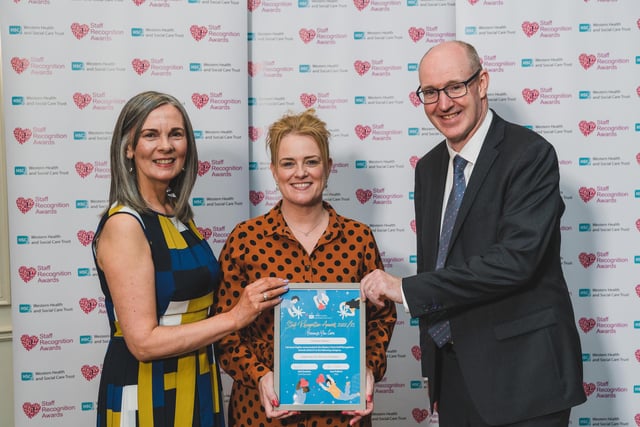 Supporting Our Services Champion Award Highly Commended is Caroline Deeney, Physiotherapist Assistant, South Wing, Altnagelvin Hospital pictured with Karen Hargan, Director of Human Resources & Organisation Development and Neil Guckian, Chief Executive, Western Trust.