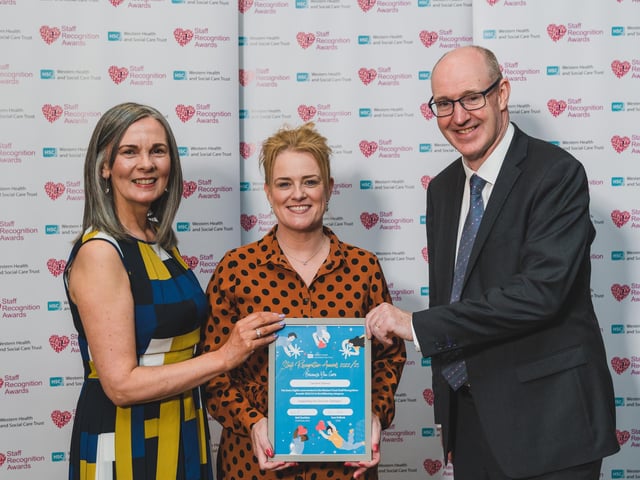 Supporting Our Services Champion Award Highly Commended is Caroline Deeney, Physiotherapist Assistant, South Wing, Altnagelvin Hospital pictured with Karen Hargan, Director of Human Resources & Organisation Development and Neil Guckian, Chief Executive, Western Trust.