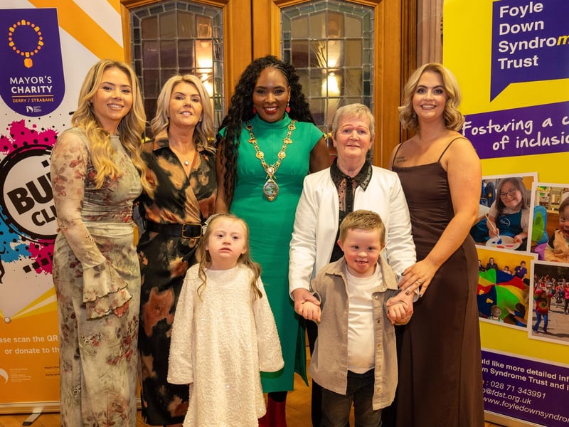 The Mayor Councillor Lilian Seenoi-Barr hosted a concert in the Guildhall in memory of the late Paddy Tyre in aid of her chosen Mayoral Charity BUD Club and Foyle Down Syndrome Trust. Pictured with the Mayor are Paddy's wife Evelyn, Kirtsy Hamill, grand daughter and daughters, Rosin Hamill and Aoife McCourt with Paddy's grand children Zara Hamill and Tiernan McCourt. Picture Martin McKeown. 05.12.24