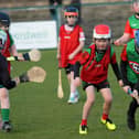 Young hurlers from Doire Trasna and Faughanvale in action during the interval in the Derry v Tyrone Division 2 Final.  Photo: George Sweeney