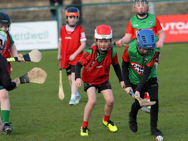 Young hurlers from Doire Trasna and Faughanvale in action during the interval in the Derry v Tyrone Division 2 Final.  Photo: George Sweeney