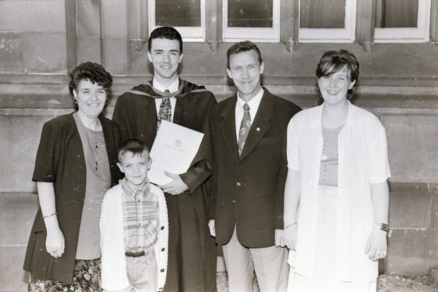 Photographs of students, professors, and proud parents during the Magee graduations in June 1995.