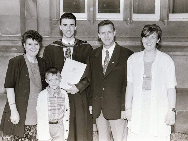 Photographs of students, professors, and proud parents during the Magee graduations in June 1995.