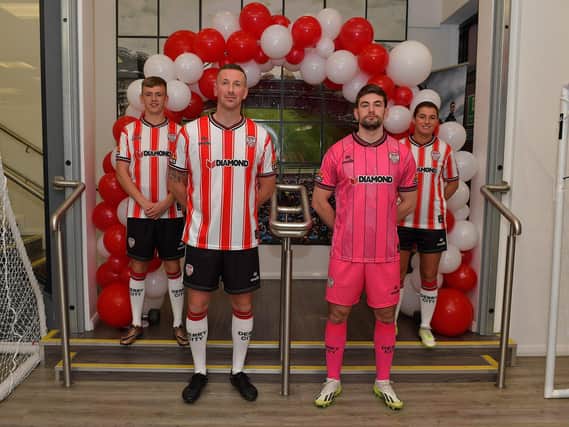 Derry City FC players Ciaron Harkin Shane McEleney,Tadhg Ryan and Shannon Dunne, pictured at the official launch of the club’s 2024 home shirt at O’Neill’s superstore on Wednesday evening. Photo: George Sweeney