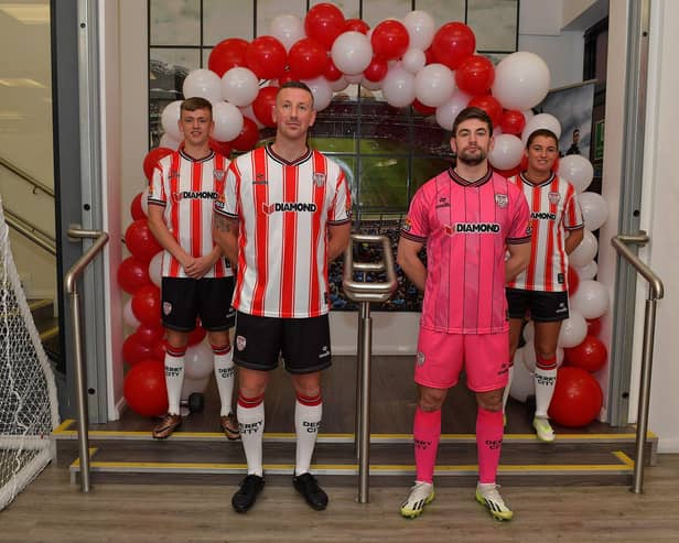 Derry City FC players Ciaron Harkin Shane McEleney,Tadhg Ryan and Shannon Dunne, pictured at the official launch of the club’s 2024 home shirt at O’Neill’s superstore on Wednesday evening. Photo: George Sweeney