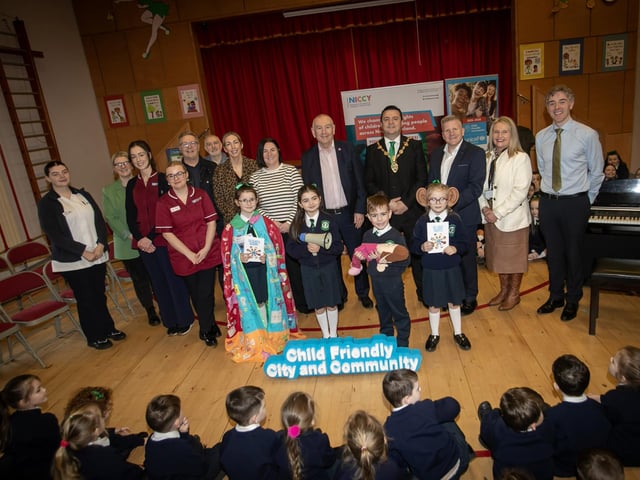 The Mayor of Derry City and Strabane District Council, Ruairi McHugh and the NI Commissioner for Children and Young People, Chris Quinn pictured at St. Patrick's PS, Pennyburn, Derry on Wednesday morning for the launch of the Pioneering Children's Rights and Wellbeing Programme across Derry and Strabane. Included are Mr. Ian Gallagher, Principal, Marie McSheffrey, Vice Principal, Tom Cassidy, Director of Children and Families, Director of Social Work, Western Trust, Donna Downey, Principal Social Worker, Western Trust, Paul Sweeney, Children and Young People's Strategic Partnership, Western Trust, Clare Maguire, Children and Young People's Co-Ordinator, DCSDC, School Nurses, NICCY representatives, Parents Representatives and pupils from the school. (Photos: Jim McCafferty Photography) : Children’s rights and wellbeing programme.