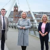Sinn Féin First Minister Designate Michelle O'Neill pictured previously in Derry with Foyle MLAs Pádraig Delargy and Ciara Ferguson.