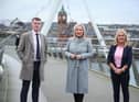 Sinn Féin First Minister Designate Michelle O'Neill pictured previously in Derry with Foyle MLAs Pádraig Delargy and Ciara Ferguson.