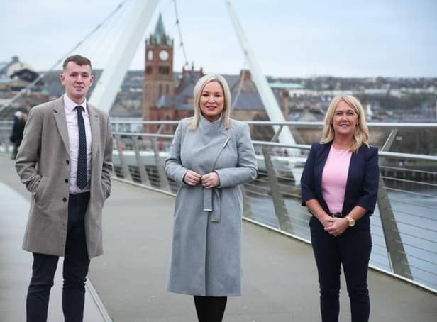 Sinn Féin First Minister Designate Michelle O'Neill pictured previously in Derry with Foyle MLAs Pádraig Delargy and Ciara Ferguson.