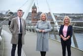 Sinn Féin First Minister Designate Michelle O'Neill pictured previously in Derry with Foyle MLAs Pádraig Delargy and Ciara Ferguson.