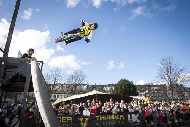 The Thunder Action Sports BMX team showing off some daredevil stunts during Saturday’s Fun Day at Bull Park.