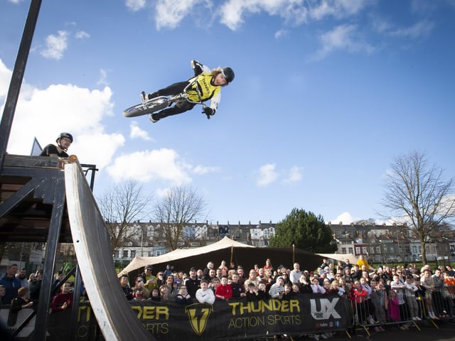 The Thunder Action Sports BMX team showing off some daredevil stunts during Saturday’s Fun Day at Bull Park.