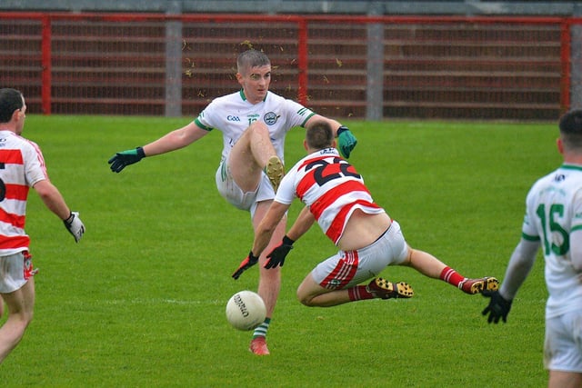 Ballerin’s Paul Ferris blocks a shot from Niall Feeney of Craigbane during the JFC Final at Celtic Park on Sunday afternoon last. Photo: George Sweeney.  DER2241GS – 37