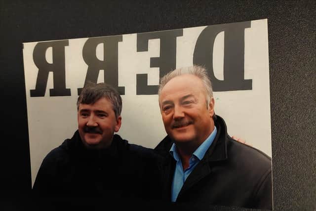 A leading voice agaisnt the Iraq War George Galloway at Free Derry Wall with Frankie McMenamin who joined the Derry Anti-War Coalition in 2003.