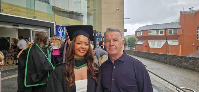 Derry girl Beth Harkin graduated in Marketing. On lifting her degree she said: "It's a wee bit nerve wrecking but it is worth it.” Beth said that she has already secured a job and that she is going straight into work. Standing with his daughter, Beth’s father Hugh said: I’m a proud parent today, it was a bit emotional, she has put the work in, very proud."