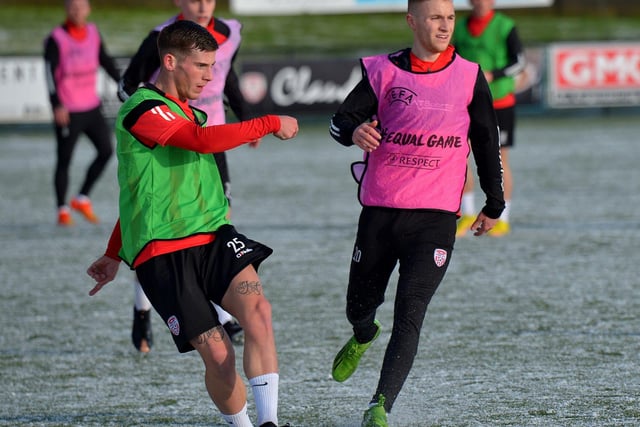 Derry City pair Evan McLaughlin (green) and Brandon Kavanagh training at Brandywell Stadium. Picture: George Sweeney. DER2304GS – 12