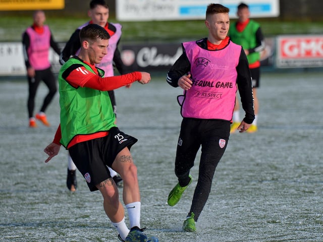 Derry City pair Evan McLaughlin (green) and Brandon Kavanagh training at Brandywell Stadium. Picture: George Sweeney. DER2304GS – 12