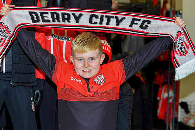 Super fan Ronan McDaid records a good luck video message for the Derry City team, at O’Neill’s Sports store, ahead of their Extra.ie FAI Cup final against Shelbourne.  DER2244GS – 05