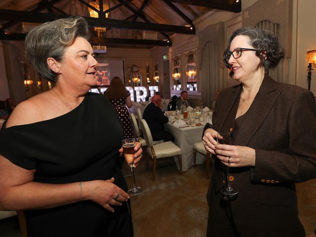 Encore Contemporary Choir 15th Anniversary dinner held in The Ebrington Hotel.
Sopranos Nadine Hegarty and Jenny Duddy enjoying the celebrations.
Mandatory Credit Lorcan Doherty : Encore 15th Birthday.