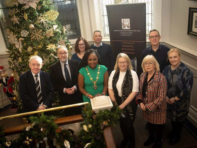Directors and staff from the Inner City Trust pictured with the Mayor, Lilian Seenoi-Barr at the Bishop's Gate Hotel, Derry on Thursday last for their Annual Charity Giving. From left, Damian McAteer, Company Secretary, John Meehan, Chair of Finance, Selina Horshi, Director, Steven Lindsay, Director, Margaret Mary McGowan, Corporate Services Manager, Helen Quigley, Strategic Project Advisor, Lisa Bradley, Director and Leuan Phillips, Finance Manager.