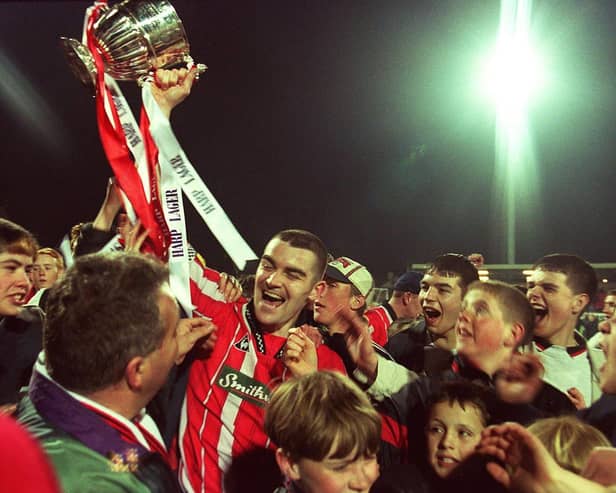 Sean Hargan with the league Trophy at Brandywell in 1997.
