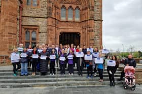 Early years workers and campaigners protesting against the proposed cuts to the Pathway Fund, which has now been reversed.