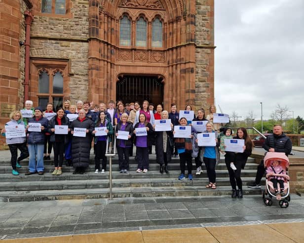 Early years workers and campaigners protesting against the proposed cuts to the Pathway Fund, which has now been reversed.