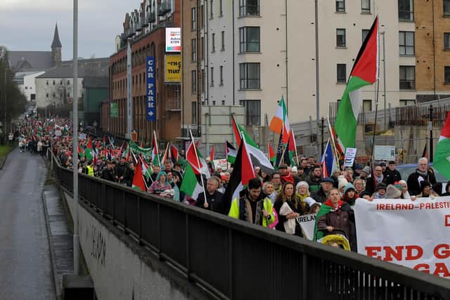 Thousands of protesters took part in a recent march and rally, in Derry, calling for a ceasefire in Gaza. Many of these taking part carried dolls wrapped in a pillowcases to symbolise the thousands of Palestinian children who have been killed. Photo: George Sweeney