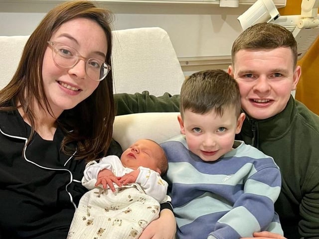 Baby boy Cunningham with mum Courtney and dad Jason from Beragh born in the SWAH on New Year's Eve at 19:03 weighing 7lbs 7.5oz.