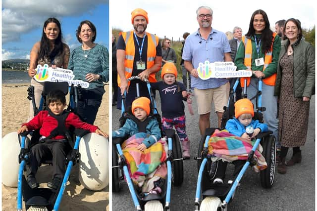 Left: iCARE Children's Coordinator Niamh Clerkin together with Clodagh Murray, Donegal County Council Sláintecare Healthy Communities Inishowen Local Development Officer and Jano Qarajol. Right:  Children and staff from iCARE - Donal Kearney with Rhys Kearney and Isla Rose Doherty, Niamh Clerkin with Jack Peirce pictured with Gabriel Doherty, Manager of Sliabh Sneacht Centre and Clodagh Murray, Donegal County Council Sláintecare Healthy Communities Inishowen Local Development Officer at the launch of Tip O'Neill Trail Enhancement Works and two All Terrain/Beach Wheelchairs.