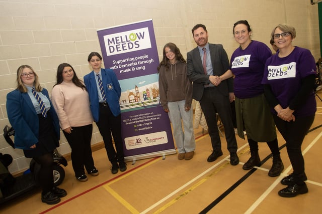 Mr.Conor Lynch, Vice Principal and students from St. Mary's College, Derry being welcomed to the Mellow Deeds Choir performance at the City of Derry International Choir Festival in Creggan on Friday morning by Anna Nolan, Choir Conductor and Sinead Devine, Co-Ordinator, DEEDS at Old Library Trust, Creggan. The choir performed alongside the Chamber Choir of the University of Lisbon, Portugal. (Photos: JIm McCafferty Photography)
