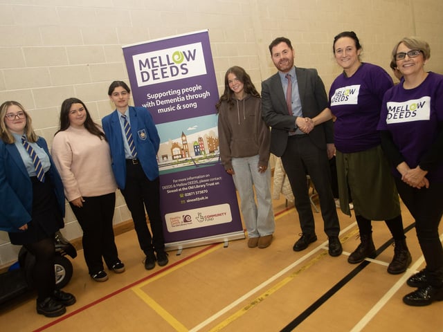 Mr.Conor Lynch, Vice Principal and students from St. Mary's College, Derry being welcomed to the Mellow Deeds Choir performance at the City of Derry International Choir Festival in Creggan on Friday morning by Anna Nolan, Choir Conductor and Sinead Devine, Co-Ordinator, DEEDS at Old Library Trust, Creggan. The choir performed alongside the Chamber Choir of the University of Lisbon, Portugal. (Photos: JIm McCafferty Photography)