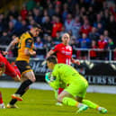 Sligo Rovers keeper Luke McNicholas saves under pressure from Cian Kavanagh in the second half at the Showgrounds. Photo by Kevin Moore.