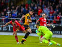 Sligo Rovers keeper Luke McNicholas saves under pressure from Cian Kavanagh in the second half at the Showgrounds. Photo by Kevin Moore.