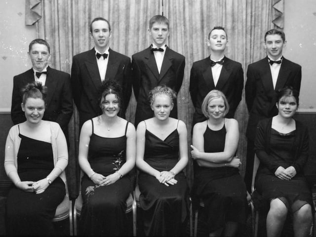 Seated, from left, are Rosaleen Cowan, Karen O'Donnell, Sarah Harkin, Catherine Kelly and Jennifer McMenamin. Standing, from left, are Sean Gillen, Damien Walsh, Cahal Kennedy, Conal Doherty and Gary Dalton at the St. Columb's College Annual Formal in November 1999.