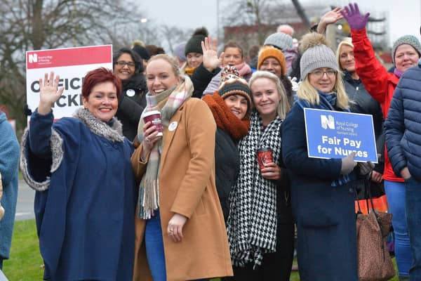 Nurses from the Royal College of Nursing union strike at Altnagelvin Hospital back in 2019. DER5119GS - 009