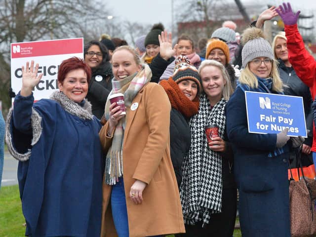 Nurses from the Royal College of Nursing union strike at Altnagelvin Hospital back in 2019. DER5119GS - 009