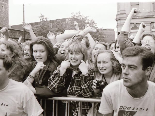 Ecstatic fans enjoying the BBC Radio 1 roadshow in 1993.