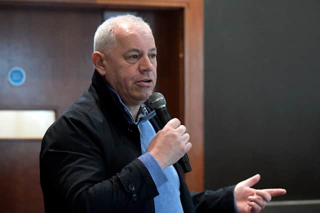 John Kelpie, Chief Executive of Derry City and Strabane District Council, answers questions about the development of Brandywell Stadium at the club’s Fans Forum held in the City Hotel on Saturday afternoon. Photograph: George Sweeney