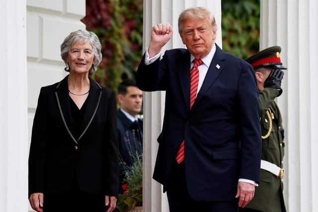 DUBLIN, IRELAND - SEPTEMBER 12: U.S. President Donald Trump is greeted by Irish President Catherine Connolly during an arrival ceremony at Áras an Uachtaráin on September 12, 2026 in Dublin, Ireland. U.S. President Donald Trump is on a two-day non-state visit to Ireland. Among other events today, he is holding a bilateral meeting with Taoiseach Micheál Martin at Farmleigh House in the Phoenix Park. (Photo by Anna Moneymaker/Getty Images)